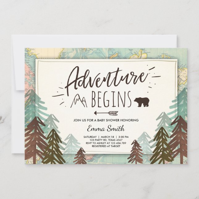 Adventure Begins Baby shower invitation Travel map (Front)