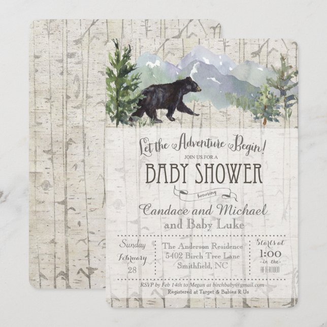 Adventure Begins Bear Birch Baby Shower Invitation (Front/Back)