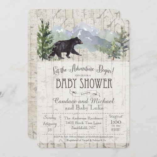 Adventure Begins Bear Birch Baby Shower Invitation