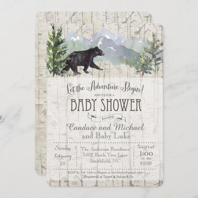 Adventure Begins Bear Birch Baby Shower Invitation (Front/Back)