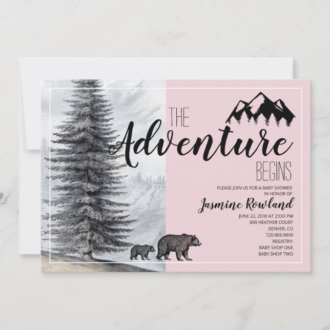 Adventure Begins Bear Pink Baby Girl Shower Invitation (Front)