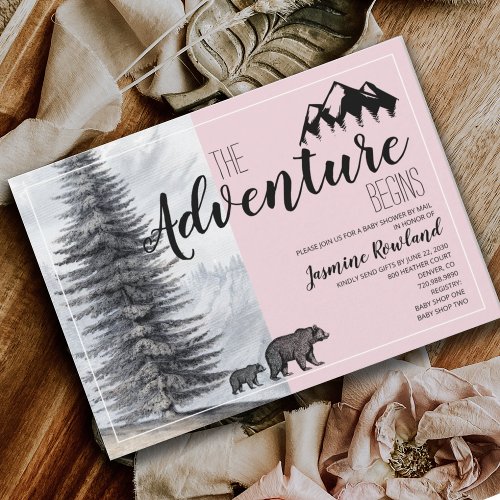 Adventure Begins Bear Pink Baby Shower By Mail Invitation