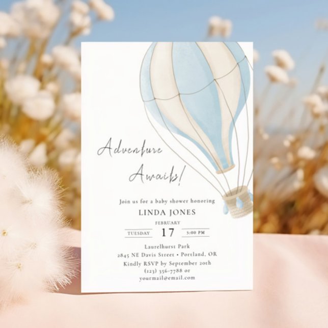 Adventure Begins Blue Hot Air Balloon Baby Shower Invitation (Creator Uploaded)