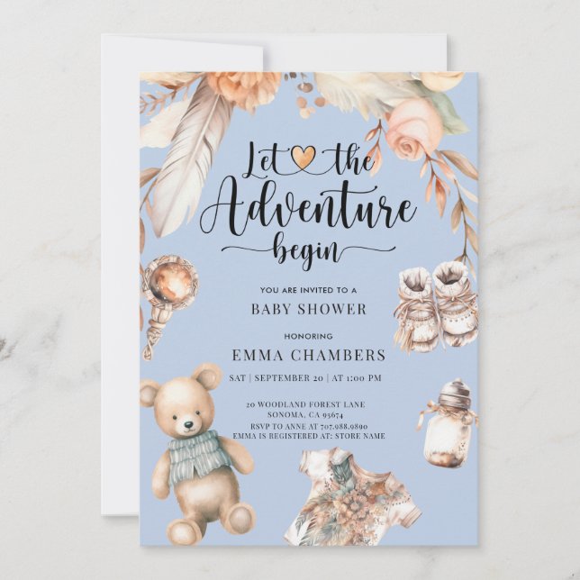 Adventure Begins Boho Baby Boy Shower Blue Invitation (Front)