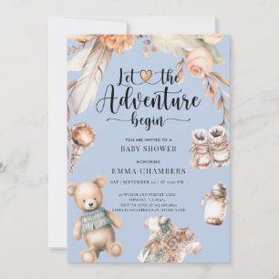 Adventure Begins Boho Baby Boy Shower Blue Invitation