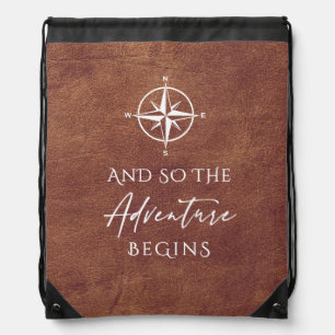 Adventure Begins Brown Leather Drawstring Bag