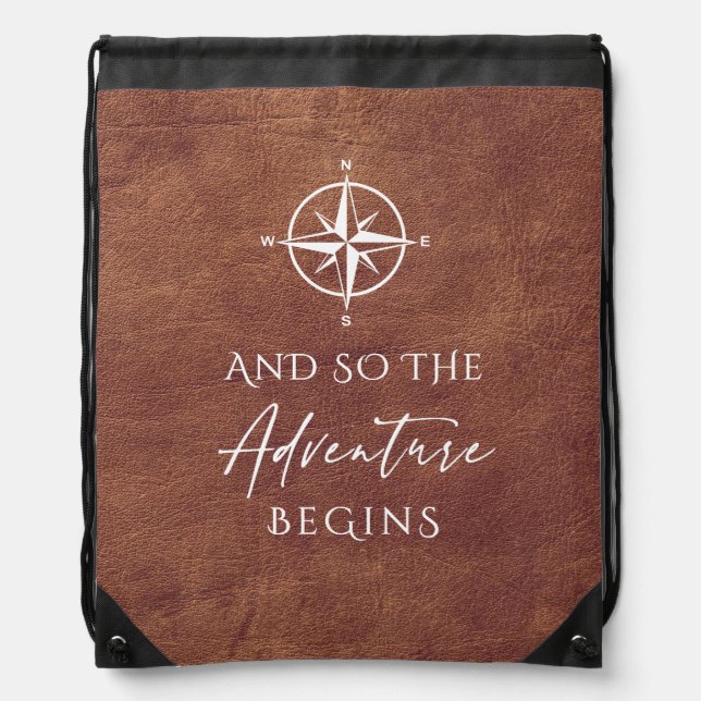 Adventure Begins Brown Leather Drawstring Bag (Front)