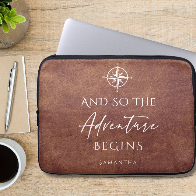 Adventure Begins Brown Leather Personalized Laptop Sleeve (Creator Uploaded)