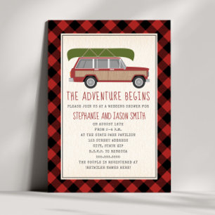 Adventure Begins Canoe Car Plaid Wedding Shower Invitation