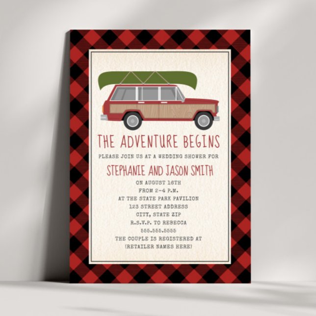 Adventure Begins Canoe Car Plaid Wedding Shower Invitation (Creator Uploaded)