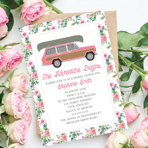 Adventure Begins Canoe Pink Car Bridal Invitation