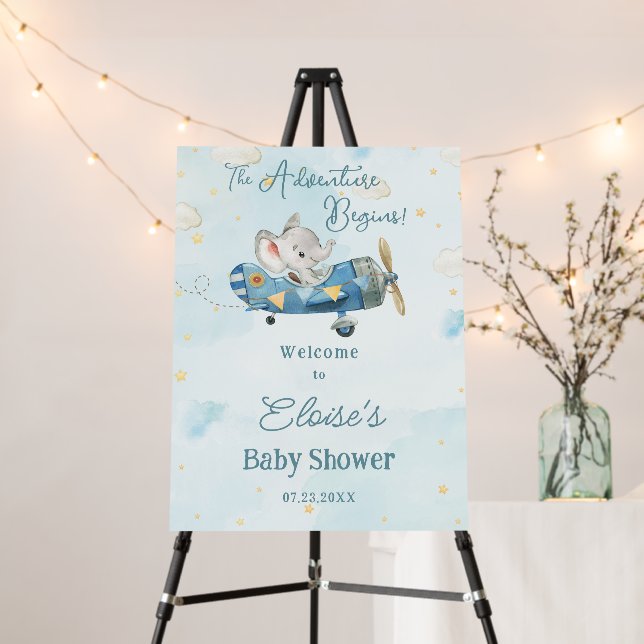 Adventure Begins Cute Elephant Plane Baby Shower Foam Board (In Situ (Stand))