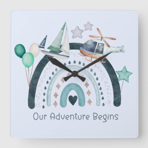 Adventure Begins Cute Rainbow with Toys Square Wall Clock