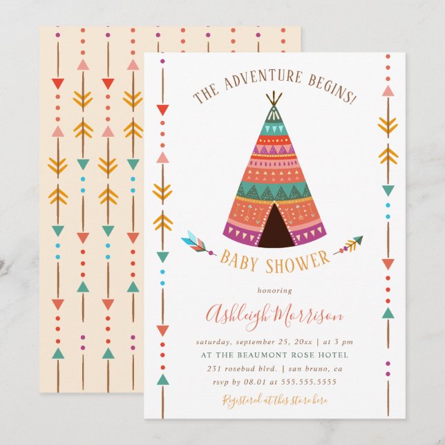 Adventure Begins Cute Tribal TeePee Baby Shower Invitation (Front/Back)