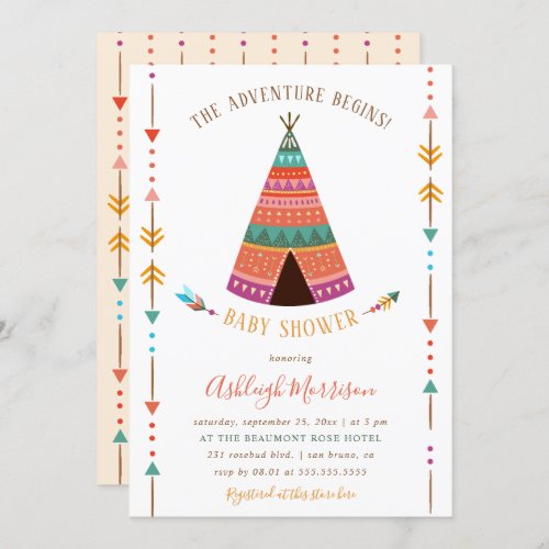 Adventure Begins Cute Tribal TeePee Baby Shower Invitation - Create Your Own Custom Adventure Begins Cute Tribal TeePee Baby Shower Invitation Cards using these templates by Eugene Designs. This tribal design features the phrase "THE ADVENTURE BEGINS!" above a cute gender neutral teepee / tipi / tepee, under the teepee there is "BABY SHOWER" with an arrow going through it and then some modern baby shower typography. On either side of the front there is a tribal arrow pattern to match the back. (1) Type in your baby shower text in the template boxes provided. (2) For further customization, please click the "customize further" or "personalize" link and use our design tool to modify this template. (3) Choose from twelve unique paper types, two printing options and six shape options to design a card that's perfect for you.
