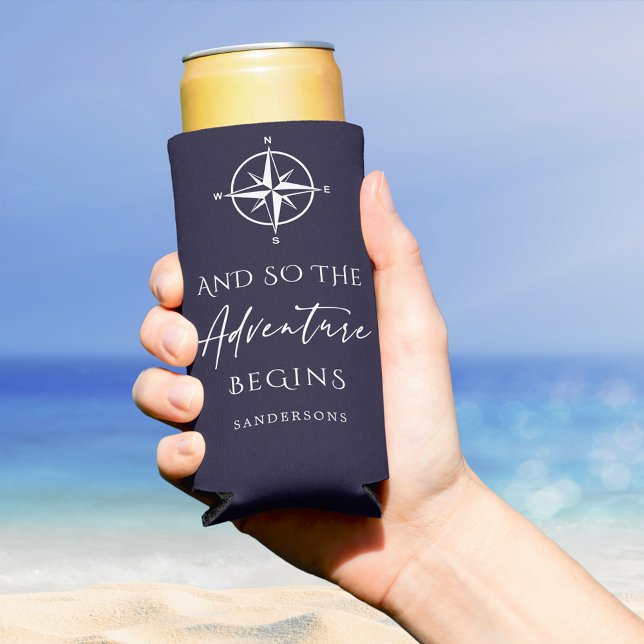 Adventure Begins Dark Blue Personalized Seltzer Can Cooler (Creator Uploaded)
