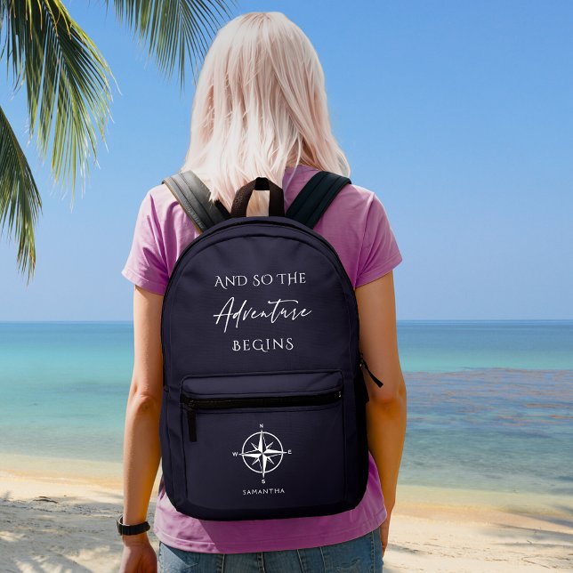 Adventure Begins Dark Blue Travel Personalized  Printed Backpack (Creator Uploaded)