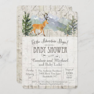 Adventure Begins Deer Birch Baby Shower Invitation