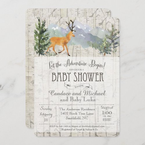 Adventure Begins Deer Birch Baby Shower Invitation