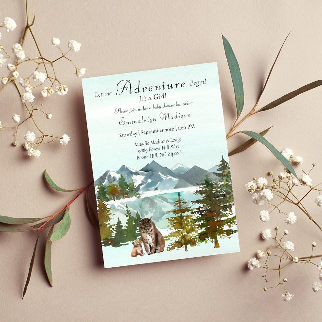 Adventure Begins Girl Lynx Rustic Baby Shower Invitation (Creator Uploaded)