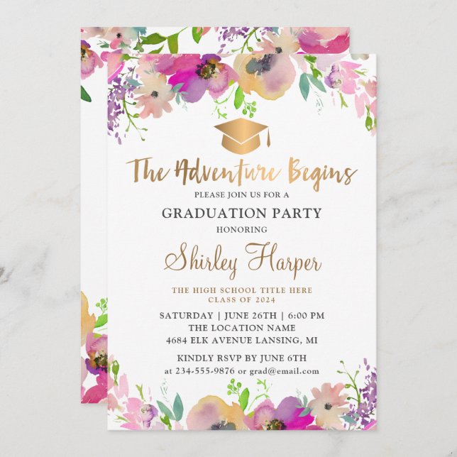 Adventure Begins Gold Script Floral Graduation Invitation (Front/Back)