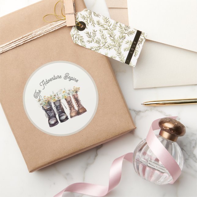 Adventure Begins Hiking Boots Classic Round Sticker (Gifting)