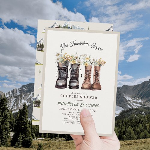 Adventure Begins Hiking Boots Couples Shower Invitation