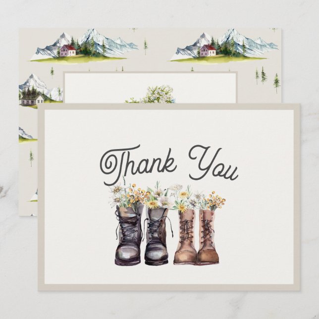 Adventure Begins Hiking Boots Couples Shower Thank You Card (Front/Back)