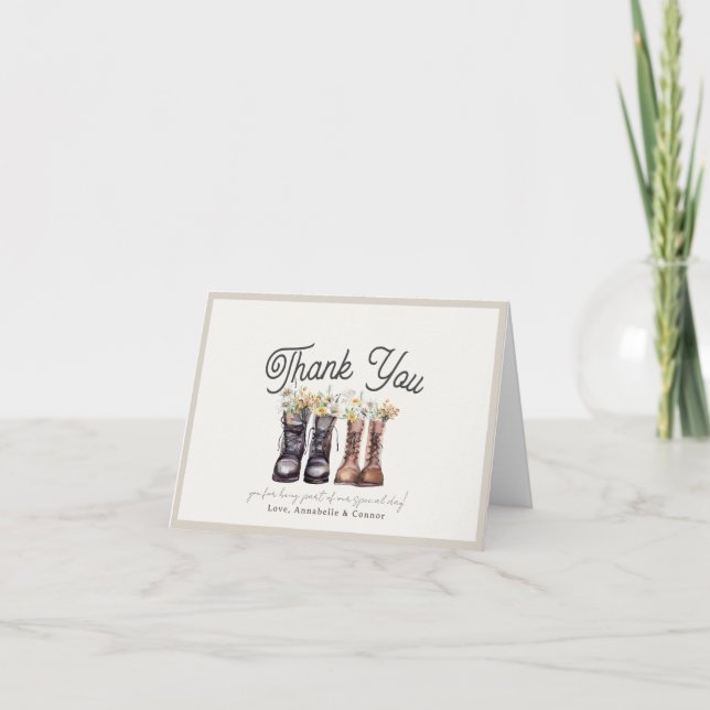 Adventure Begins Hiking Boots Couples Shower Thank You Card (Front)