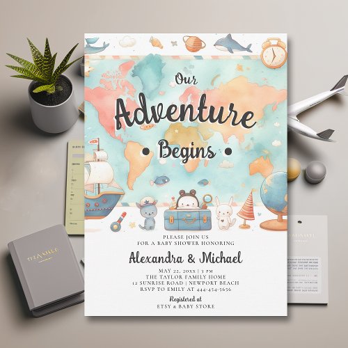 Adventure Begins Map Couples Neutral Baby Shower Invitation