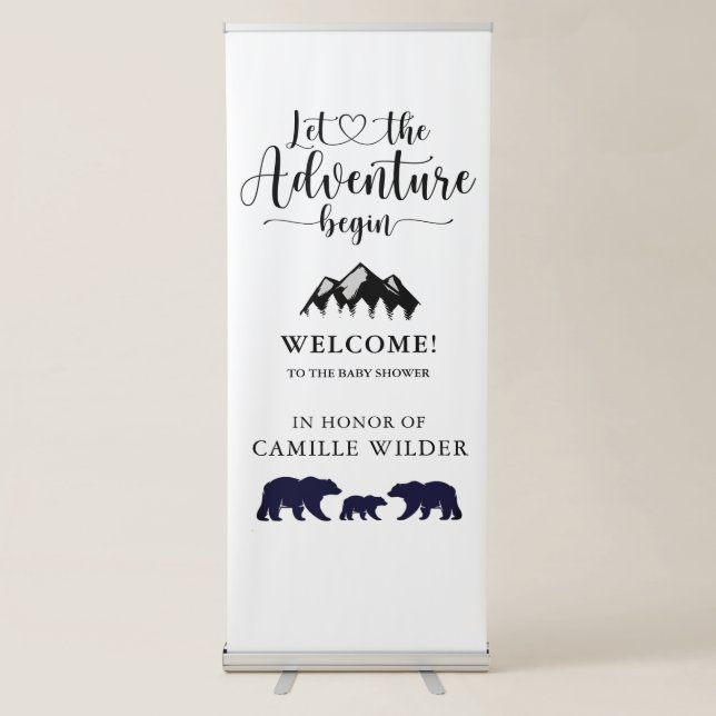 Adventure Begins Mountains Bears Baby Shower Retractable Banner (Front)