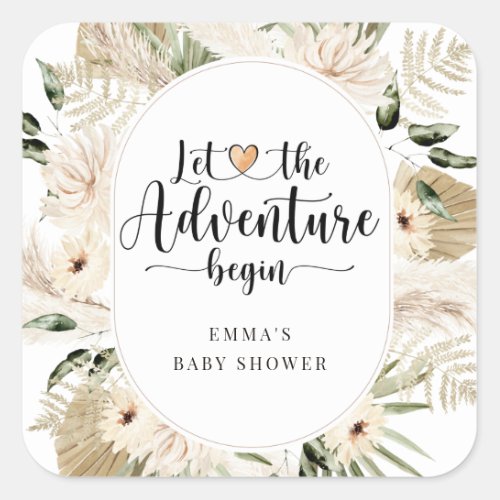 Adventure Begins Pampas Grass Boho Baby Shower Square Sticker