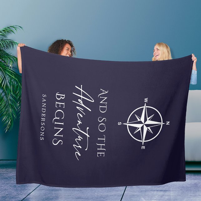 Adventure Begins Personalized Dark Blue Fleece Blanket (Creator Uploaded)