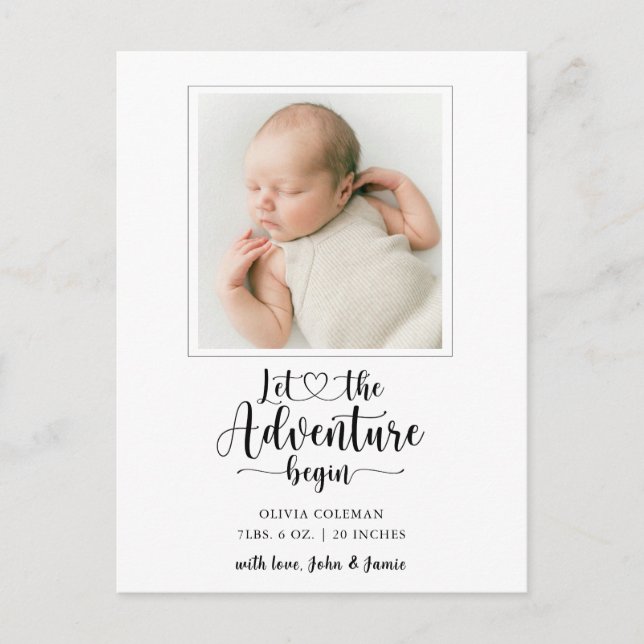 Adventure Begins Photo Birth Announcement Postcard (Front)