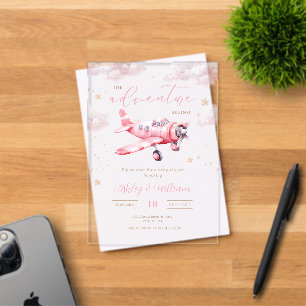 Adventure Begins Pink Airplane Girl Baby Shower Acrylic Invitations