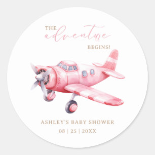 Adventure Begins Pink Airplane Girl Baby Shower Classic Round Sticker