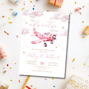 Adventure Begins Pink Airplane Girl Baby Shower Foil Invitation