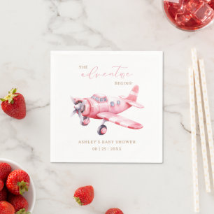 Adventure Begins Pink Airplane Girl Baby Shower Napkins