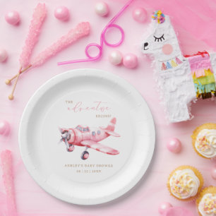 Adventure Begins Pink Airplane Girl Baby Shower Paper Plates