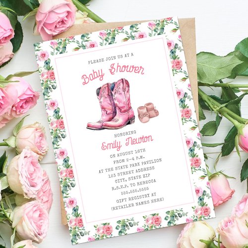 Adventure Begins Pink Boots Floral Invitation