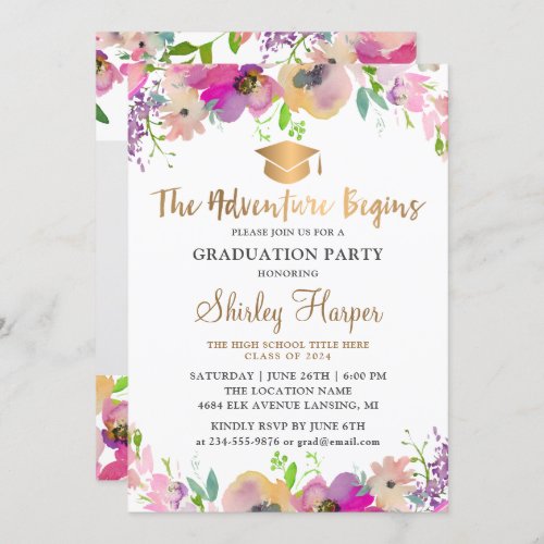 Adventure Begins Pink Floral Graduation Photo Invitation