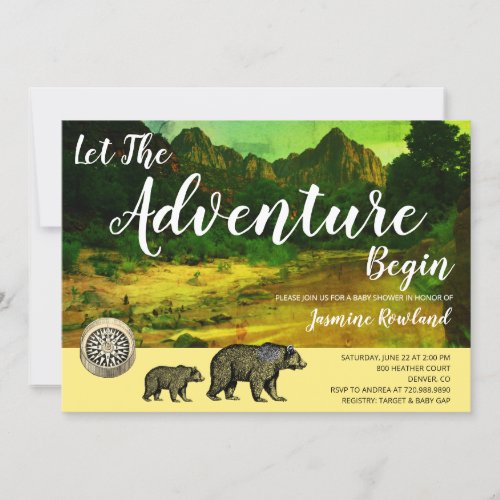 Adventure Begins Rustic Forest Bears Baby Shower Invitation