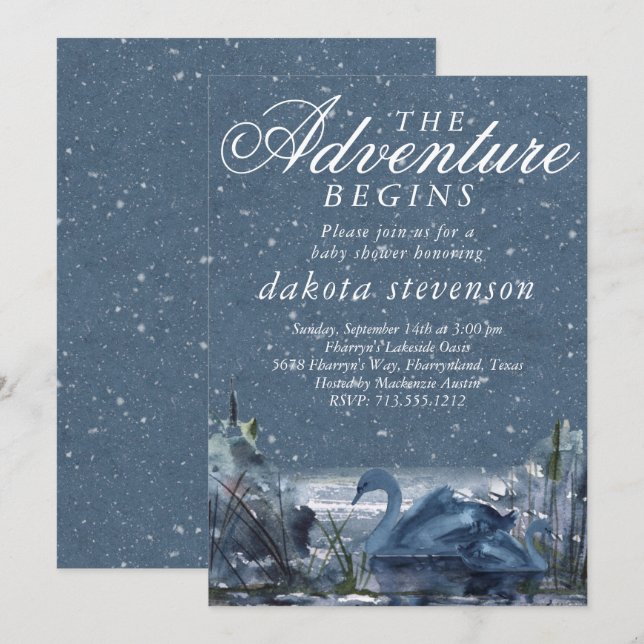 Adventure Begins | Rustic Snowy Blue Baby Shower Invitation (Front/Back)