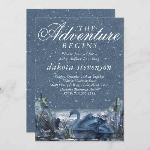 Adventure Begins  Rustic Snowy Blue Baby Shower Invitation