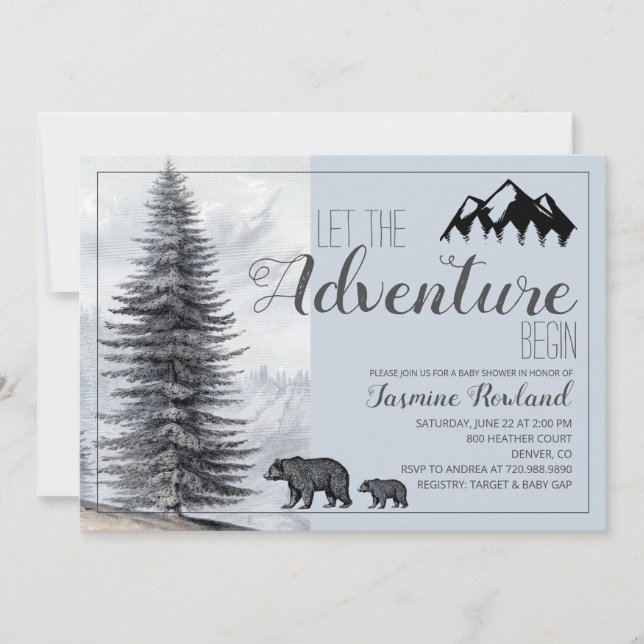 Adventure Begins Rustic Woodland Bears Baby Shower Invitation (Front)