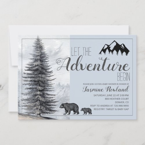 Adventure Begins Rustic Woodland Bears Baby Shower Invitation