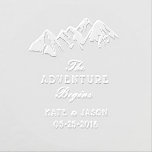 adventure begins save the date rustic embosser<br><div class="desc">rustic mountain theme save the date embosser with script "the adventure begins" for your nature themed wedding</div>