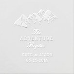 adventure begins save the date rustic embosser<br><div class="desc">rustic mountain theme save the date embosser with script "the adventure begins" for your nature themed wedding</div>