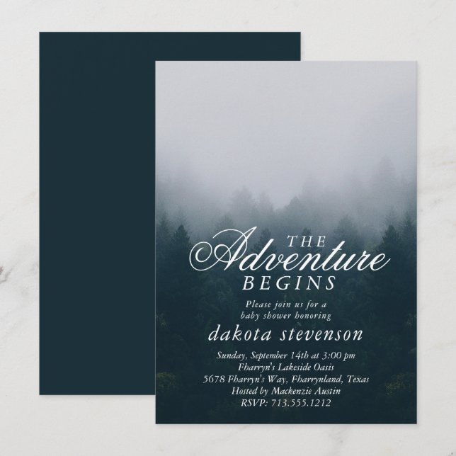 Adventure Begins | Smoky Forest Fog Baby Shower Invitation (Front/Back)