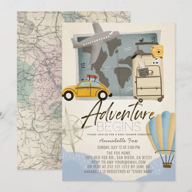 Adventure Begins Travel Map Baby Shower  Invitation (Front/Back)